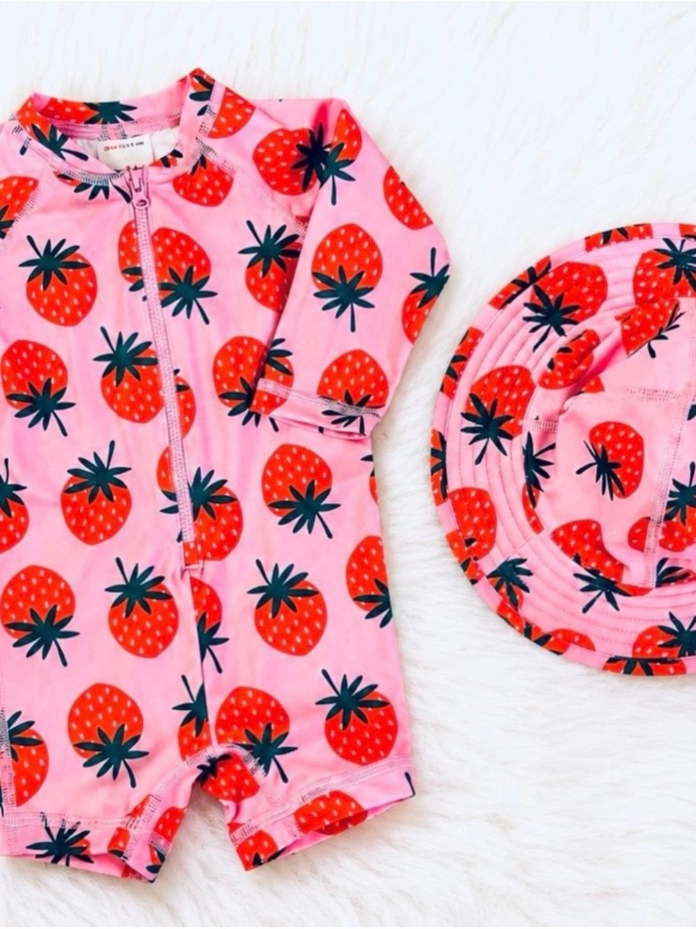 Hanna Andersson Pink Rashguard Swimsuit/Hat with Strawberry Print 3-6 months.